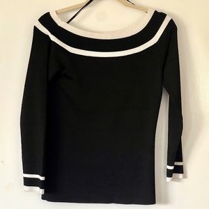 NWOT INC Black White Boatneck Long Sleeve Petite Large Top